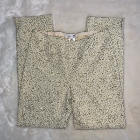 Celine Pants Gold Metallic Embossed High Rise Waist Straight Leg Trouser Size 6 - Picture 4 of 16